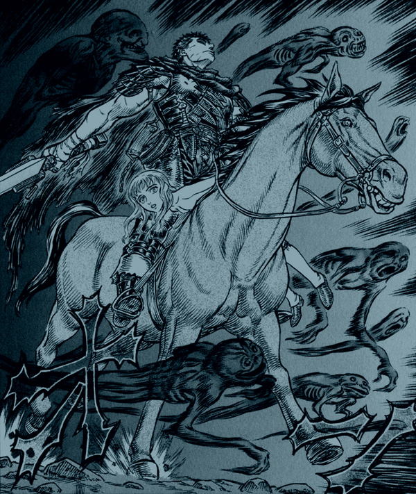 Guts: Black Swordsman and Farnese on Horse.